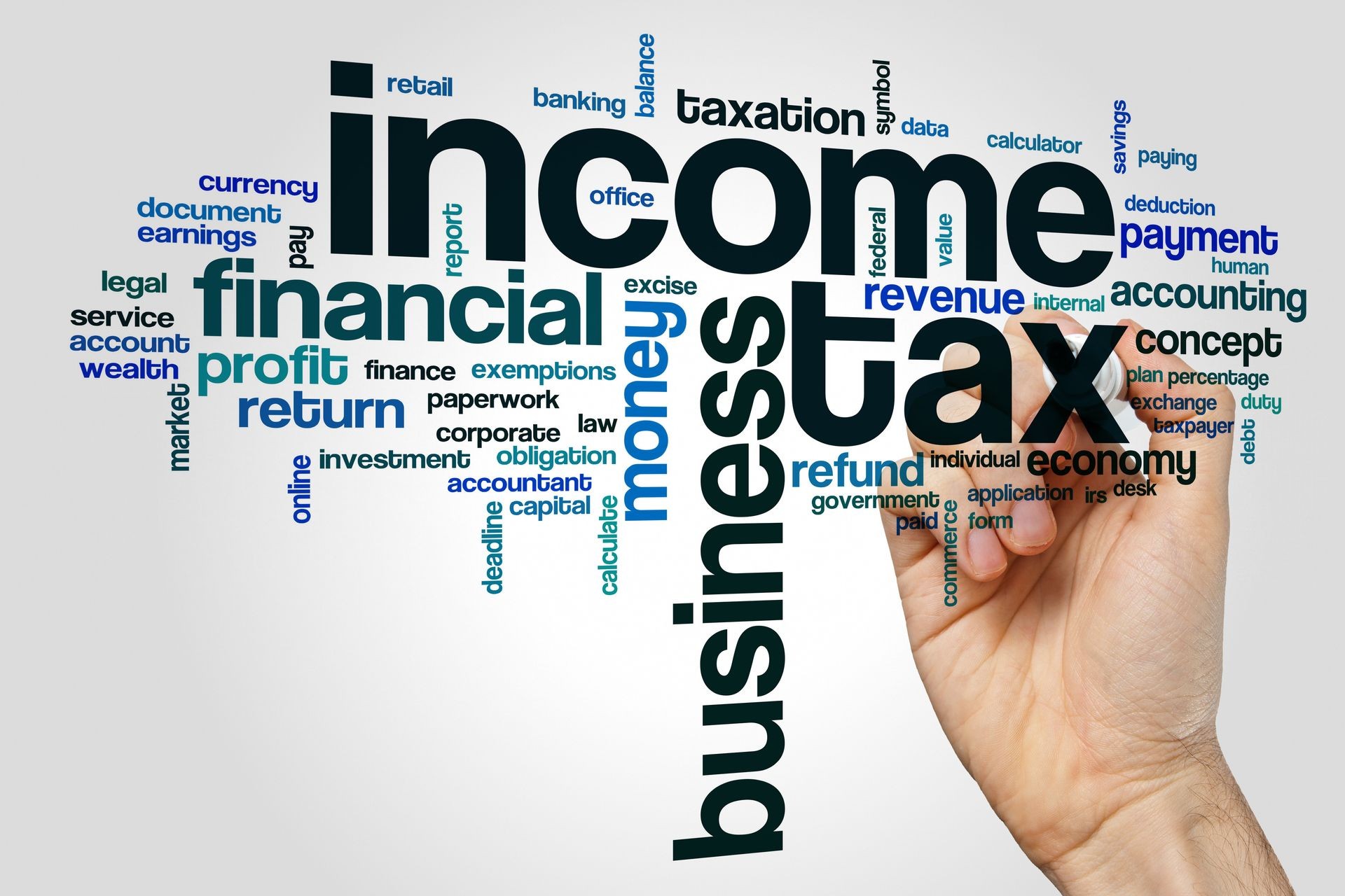 Income tax word cloud concept on grey background